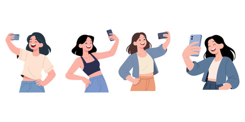 illustration of happy woman taking selfie with smartphone