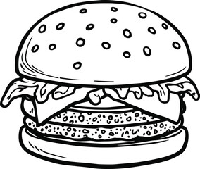  Delicious Hamburger or Chicken Burger Black and White Outline Vector