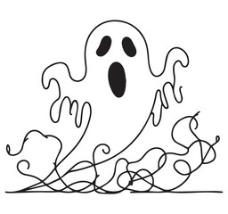 Simple Black and White Line Art Drawing of a Spooky Halloween Ghost Rising from Swirling Lines Illustration