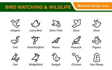Bird Watching Wildlife Icon Set – Minimal Line Vector Illustrations for Nature, Animals, Birds, Outdoors, and Wildlife Conservation Projects