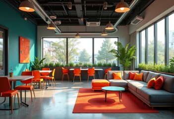 vibrant modern coworking space design colorful furniture innovative workspace collaboration environment, office, interior, table, chair, decor, lighting, ambiance