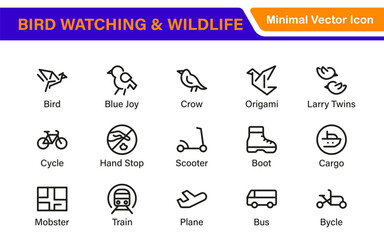 Bird Watching Wildlife Icon Set – Minimal Line Vector Illustrations for Nature, Animals, Birds, Outdoors, and Wildlife Conservation Projects