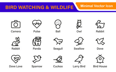 Bird Watching Wildlife Icon Set – Minimal Line Vector Illustrations for Nature, Animals, Birds, Outdoors, and Wildlife Conservation Projects