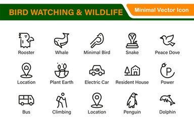 Bird Watching Wildlife Icon Set – Minimal Line Vector Illustrations for Nature, Animals, Birds, Outdoors, and Wildlife Conservation Projects