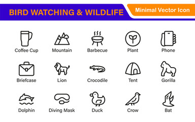 Bird Watching Wildlife Icon Set &ndash; Minimal Line Vector Illustrations for Nature, Animals, Birds, Outdoors, and Wildlife Conservation Projects