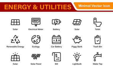 Renewable Energy and Utilities Icon Pack – Vector Line Illustrations for Solar, Wind, Electric Power, Sustainable Energy, and Environmental Designs