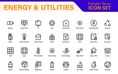 Renewable Energy and Utilities Icon Pack – Vector Line Illustrations for Solar, Wind, Electric Power, Sustainable Energy, and Environmental Designs