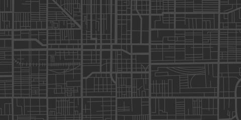 Black city map background in a flat style. Concept of a travel, destination, location, route. Vector banner, top view.
