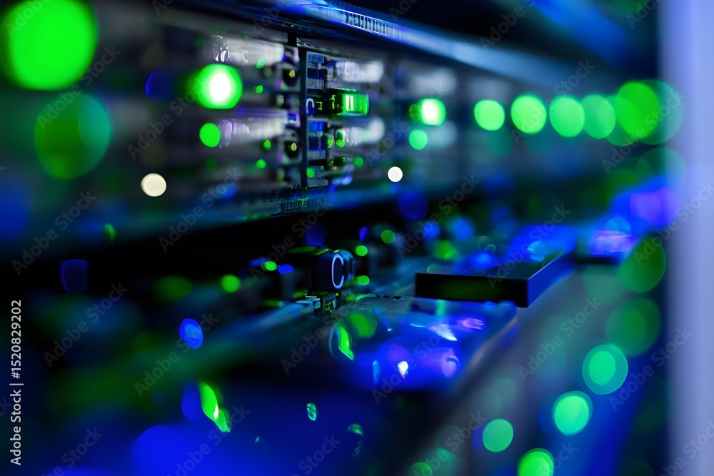 Poster a close-up of an array of advanced data center equipment, with green and blue lights reflecting off 