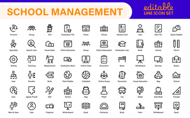 School Administration Icon Set &ndash; Modern Outline Line Vector Illustrations for Classroom, Timetable, Attendance, and Education Management Systems
