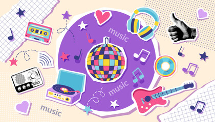 Colorful music retro collage banner with disco ball, guitar, headphones, cassette, vinyl record player, radio, cd. Concept of music, 90s. Vector background.  © Julia Anisimova