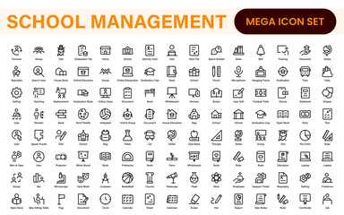 School Administration Icon Set – Modern Outline Line Vector Illustrations for Classroom, Timetable, Attendance, and Education Management Systems