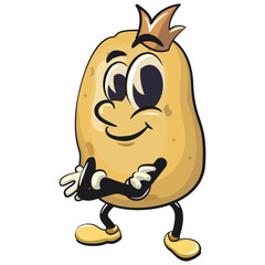 cute cartoon potato mascot vector crowned like a king while folding his arms calmly, happy smiling character isolated on transparent background, work of hand drawn