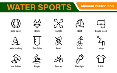 Water Sports Icon Set – Vector, Outline, and Minimal Line Art Illustrations for Surfing, Swimming, Beach Activities, and Outdoor Designs