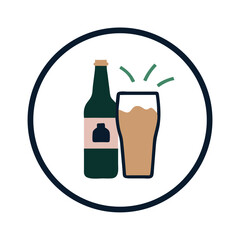 Beer bottle and pint glass icon in circular frame