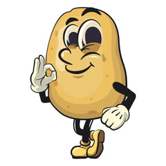 cute cartoon potato mascot vector dancing while giving the okay sign, happy smiling character isolated on transparent background, work of hand drawn