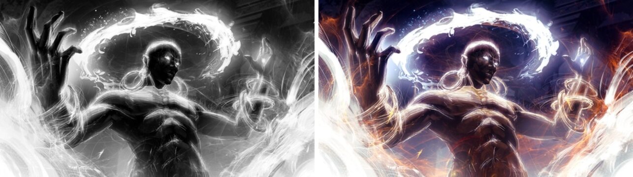 A powerful man in the pose of a god.  He has dark skin and gold jewelry. He is a genie and a magician who controls the spiritual energy that overflows his divine body.  2d art in a rough style