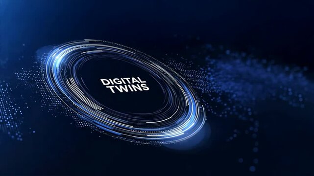 Text digital twins glows inside spiral circle on dark background, showing tech theme with digital clone, predictive analytics for smart digital systems