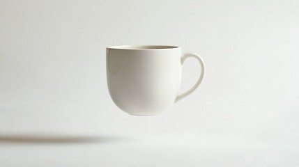 A coffee mug suspended mid-air on a white background