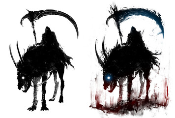 A black silhouette of a sinister reaper riding a nasty dog with horns, protruding bones and bared fangs. He is death with a scythe in a torn hood. 2d ink-style illustration.
