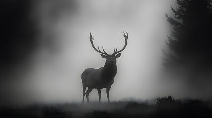 Obraz premium Majestic stag silhouette in a misty landscape.