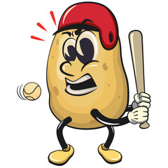 cute cartoon potato mascot vector with helmet playing baseball ready to hit the ball with the bat, happy smiling character isolated on transparent background, work of hand drawn