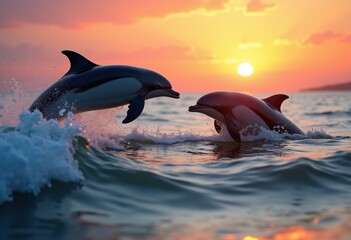 Fototapeta premium dolphins jumping ocean waves sunset horizon scenic freedom playful nature, sky, water, sea, silhouette, landscape, marine, evening, beauty, motion, splash