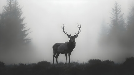 Majestic stag in a misty forest.