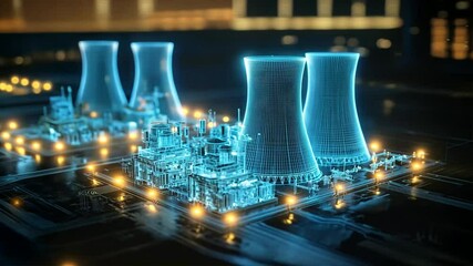 Nuclear plant glows with blue hologram towers, showing digital twins, digital clone, predictive analytics for energy systems and digital modeling - Powered by Adobe