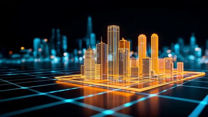 Glowing wireframe city with skyscrapers in yellow light, showing digital twins, digital clone, predictive analytics for smart urban architecture - Powered by Adobe
