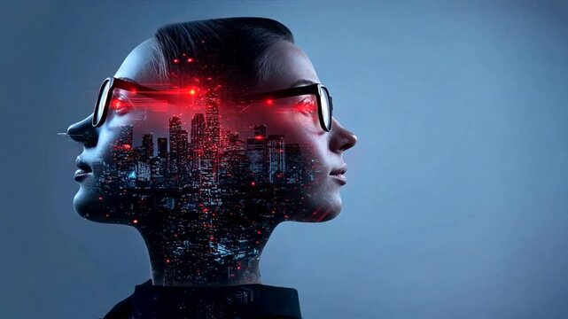 Double exposure face in black glasses with red lights on head, showing digital twins, digital clone, predictive analytics for digital human identity