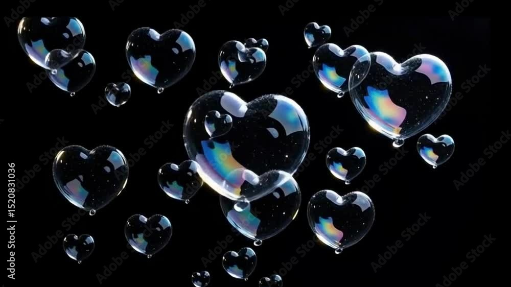 Poster the image features transparent heart-shaped bubbles floating against a dark background.