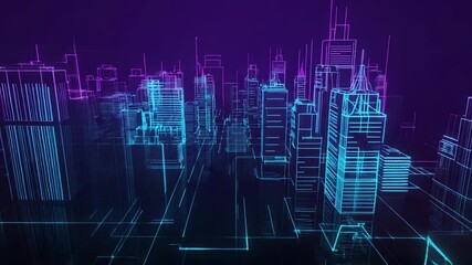 a futuristic, digital cityscape with glowing neon lines and structures against a dark background. The architecture is composed of outlines of skyscrapers and buildings, rendered in holographic style - Powered by Adobe