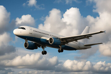 Obraz premium A large white and blue airplane flying in the sky with a cloudy background.