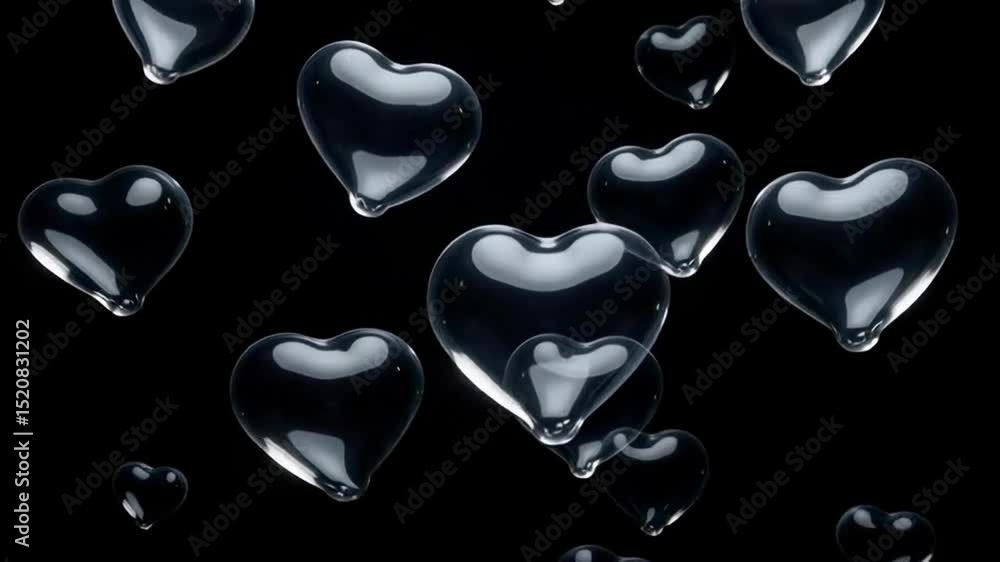 Poster the image features transparent heart-shaped bubbles floating against a dark background.