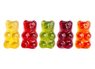 Colorful gummy bears lined