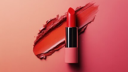 lipstick Vibrant red lipstick against a soft pink background, showcasing beauty and elegance.