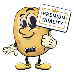cute cartoon potato mascot vector with a sign that says premium quality, happy smiling character isolated on transparent background, work of hand drawn