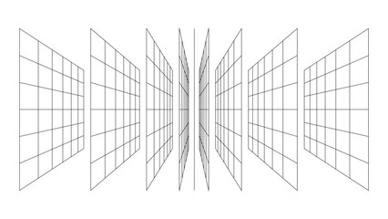 3d wireframe perspective grid room template design vector illustration background. Empty 3 dimension virtual room with perspective wireframe grid geometric sketch. Cyber virtual line interior frame.
