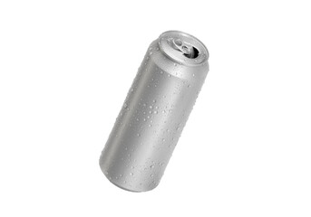 Open Aluminum soda can with water drops, transparent background
