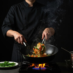 Asian male chef in black chef's uniform stirring vegetable stir-fry in wok on a stovetop. Chef actively cooking with wok on gas stovetop. Asian male chef in professional kitchen.