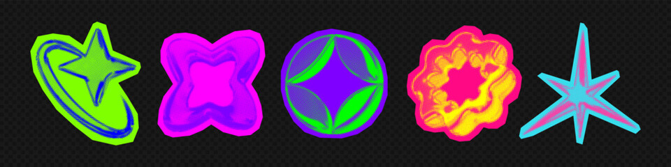 Y2k 3d punk neon colors light chrome halftone stars shape retro abstract vector illustration sticker set. Chrome silver 3d metallic halftone semitone retro effect bright neon color star collection.