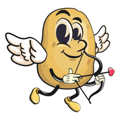 cute cartoon potato mascot vector become a cupid with angel wings and the arrow of love, happy smiling character isolated on transparent background, work of hand drawn