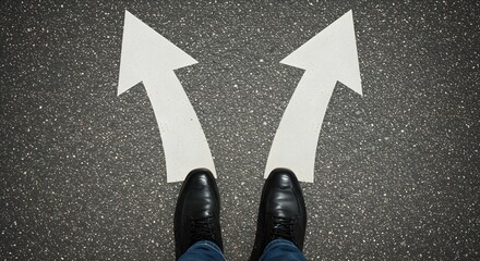 A person is standing at a crossroads, facing two large white arrows painted on the asphalt, pointing in different directions.