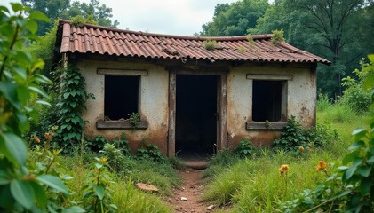 A dilapidated shack, crumbling walls, and overgrown weeds depict the harsh reality of impoverished circumstances and the failure of basic needs , infrastructure, housing, shack