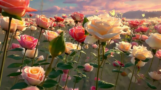 beautiful rose field under gentle spring sunshine