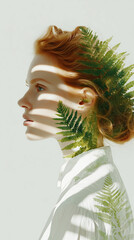 Portrait of a red-haired woman with fern leaves overlay. Concept of nature connection, natural beauty, emotional balance, harmony, and eco lifestyle in soft minimalist lighting.