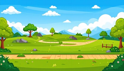 Scenic pathway adventure serene green hills digital illustration nature panoramic view tranquility