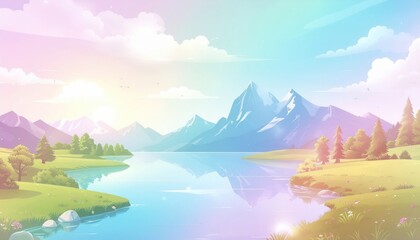 Serene sunrise over majestic mountains tranquil lake landscape nature illustration peaceful environment scenic view