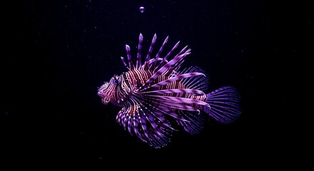 Exotic purple lionfish gracefully swims in dark depths